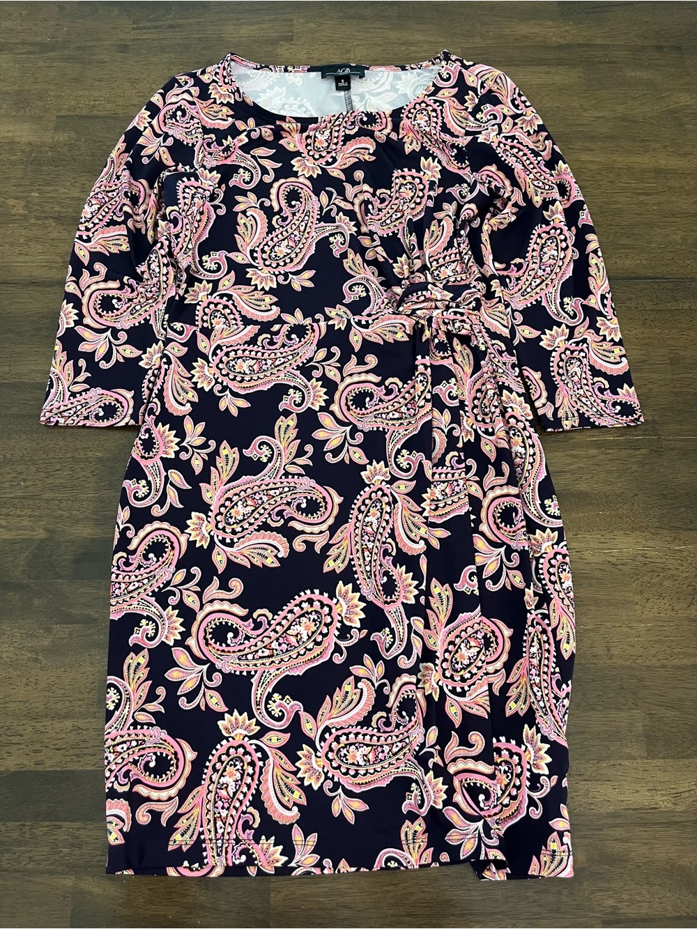 AGB Navy Paisley Tie-Waist Dress with Pink Accents Half Sleeve Sz Small